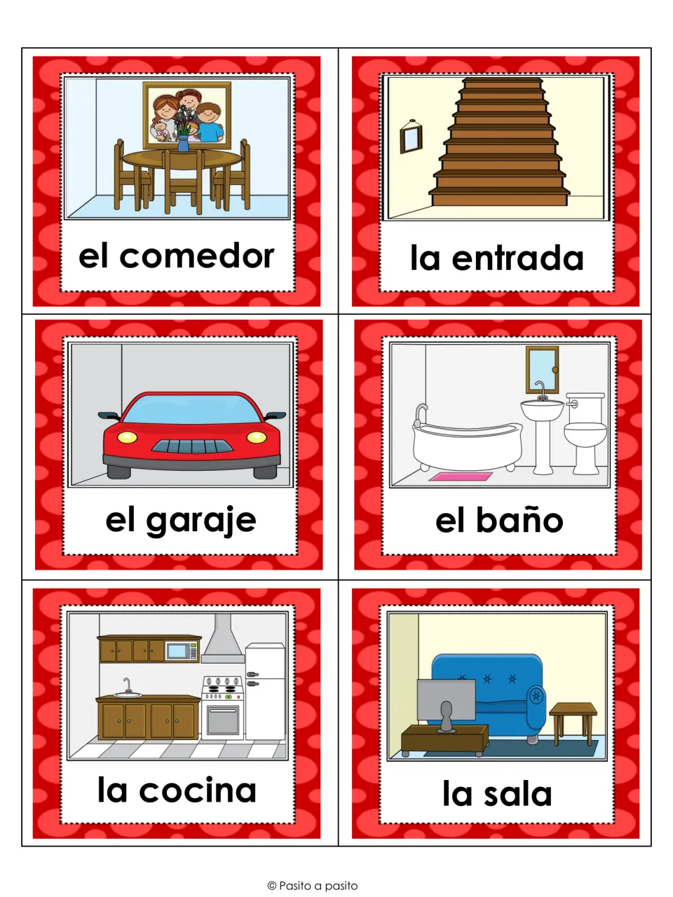 Room picture cards: el comedor, la entrada, el garaje, el baño, la cocina and la sala, each word under its picture