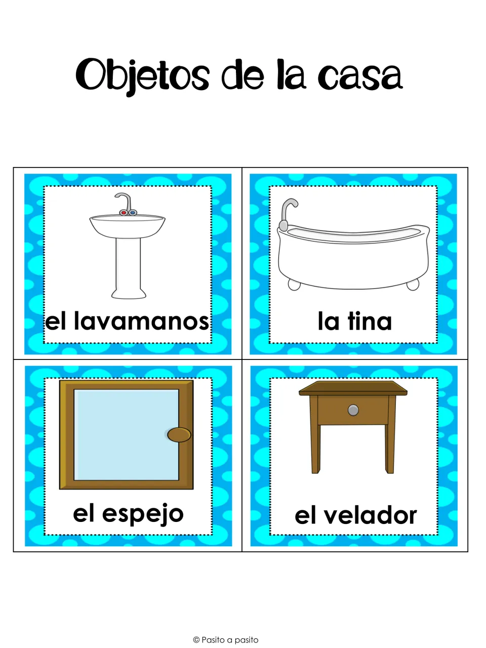 Objetos de la casa picture cards naming el lavamanos, la tina, el espejo and el velador in Spanish