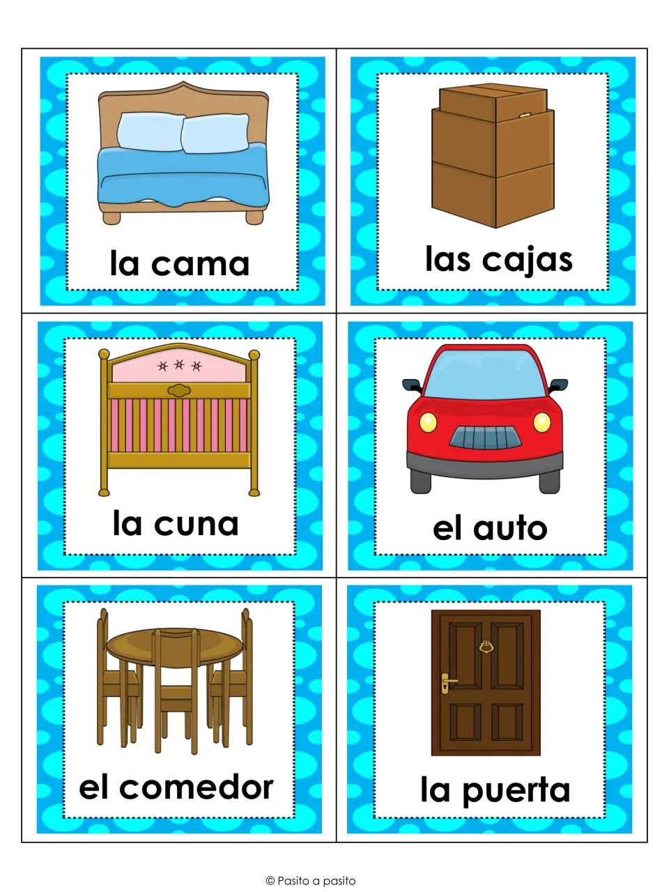 Household object cards in Spanish: la cama, las cajas, la cuna, el auto, el comedor and la puerta with pictures