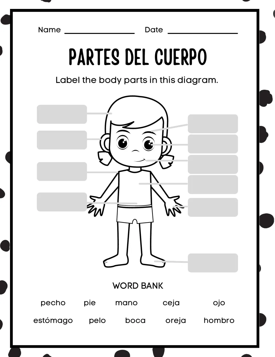 Spanish body parts labeling: students write 10 word-bank terms such as pelo, ojo, boca and pie on a diagram of a girl