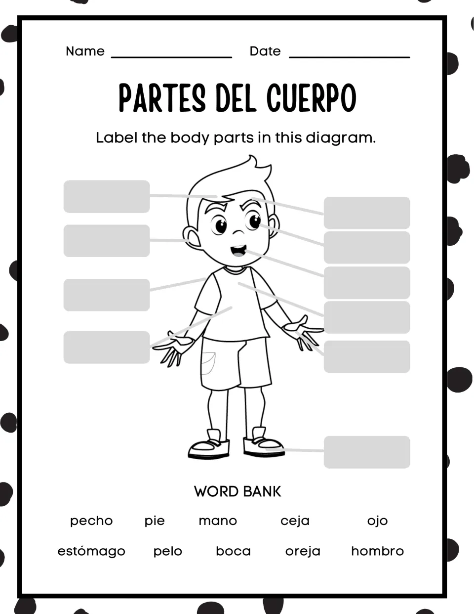 Spanish body vocabulary: students match 10 word-bank terms like ceja, hombro and mano to labels on a diagram of a boy