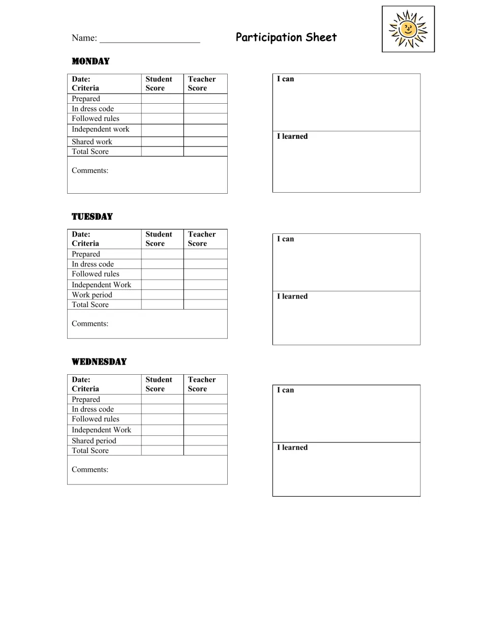 Participation self-check, Monday to Wednesday: student and teacher scores for prepared, dress code, rules and work