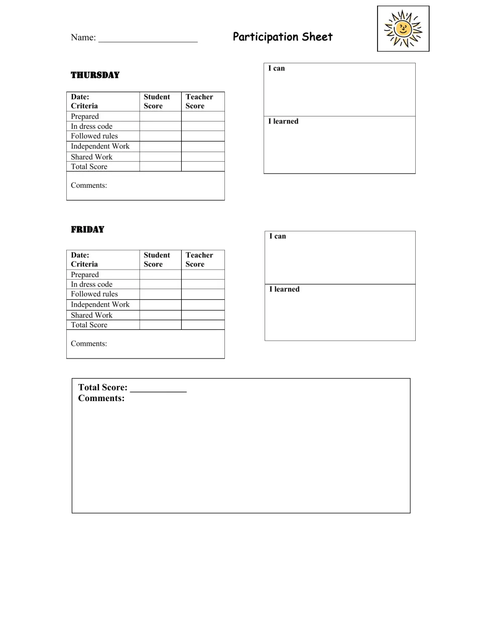 Thursday and Friday participation scoring by student and teacher, with I can and I learned reflections and a weekly total