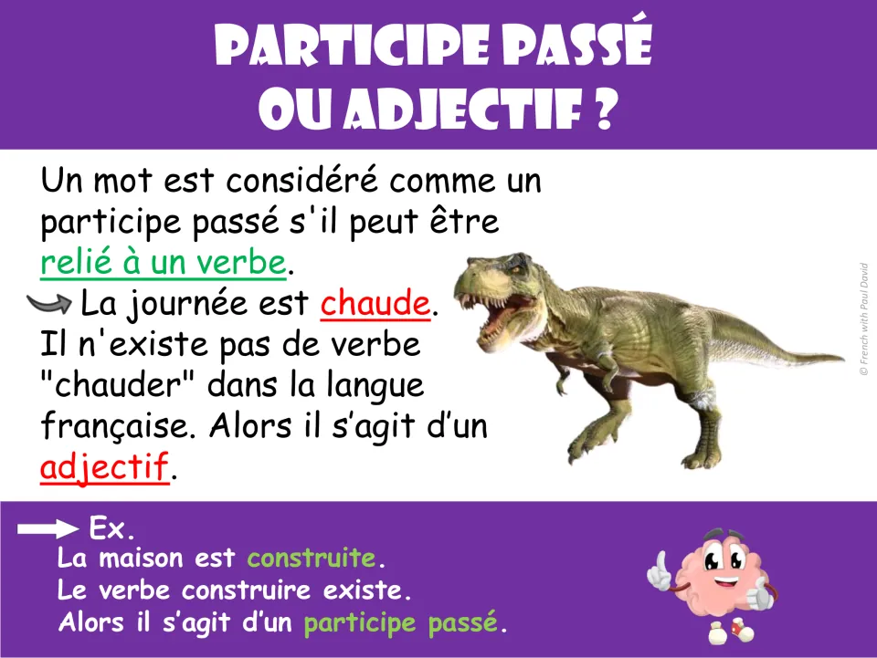 Participe passé ou adjectif? poster: test if a word links to a verb, contrasting chaude (adjective) with construite