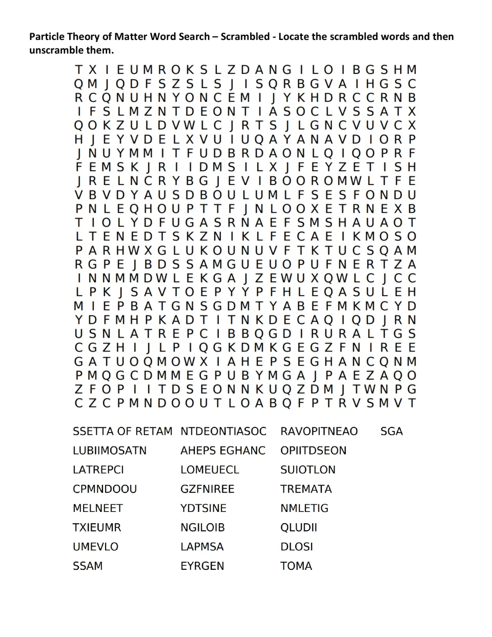 Scrambled word search asking students to find and unscramble 25 terms, including TXIEUMR, SSAM, and SGA.