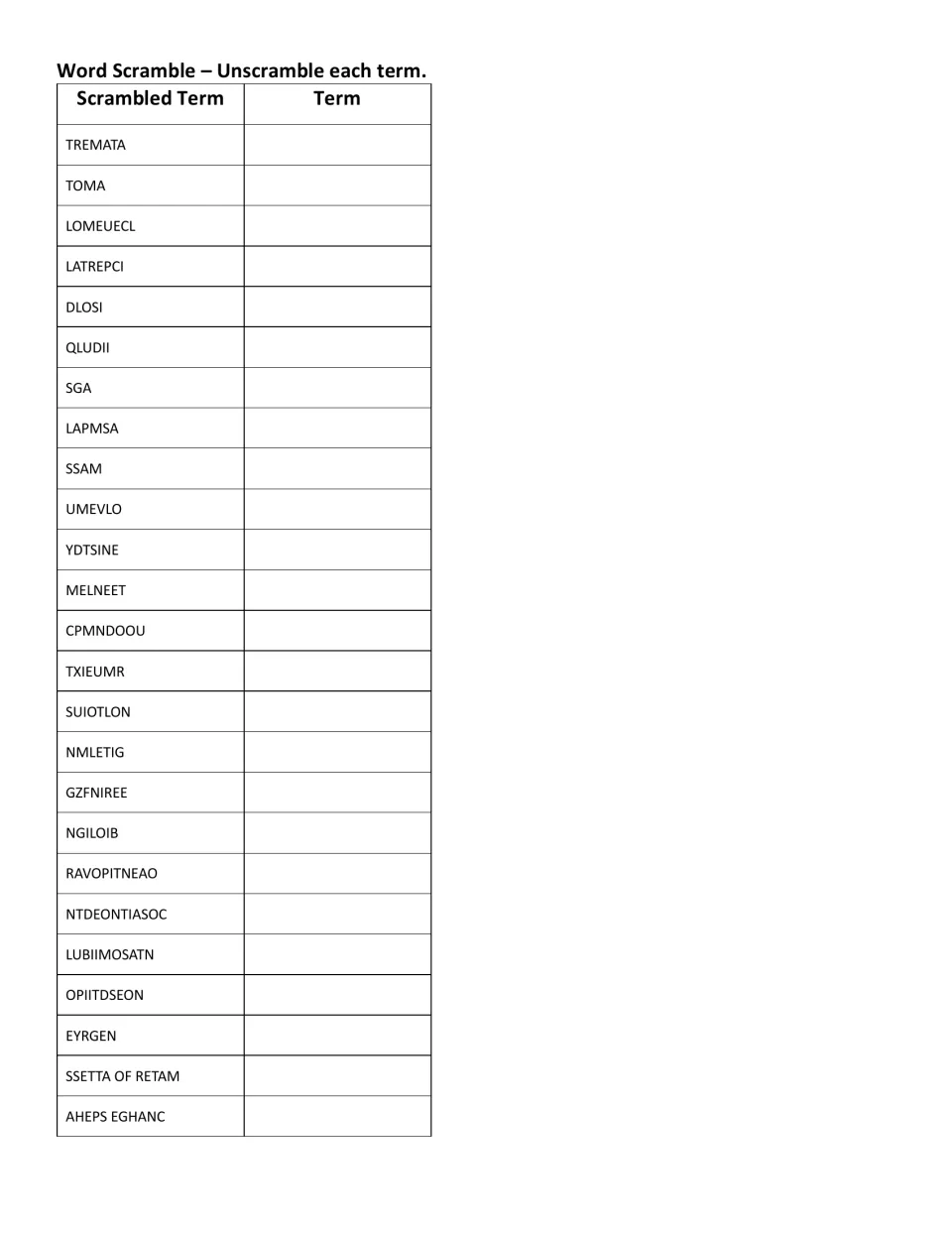 Word scramble practice asking students to unscramble 25 matter terms, including TOMA, LOMEUECL, and LATREPCI.