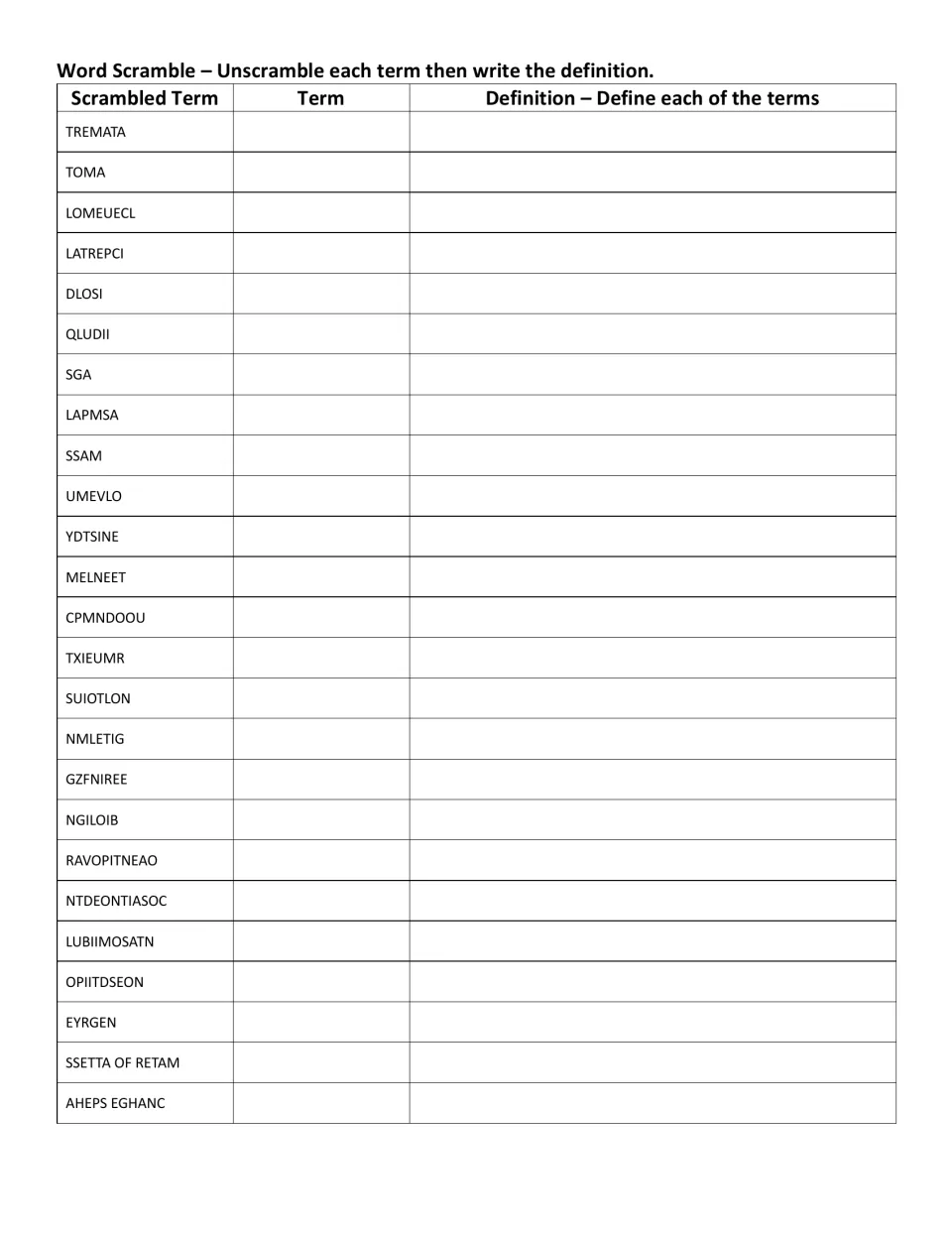 Combined word scramble and definition practice for 25 matter terms, including TOMA, SSAM, and LAPMSA.