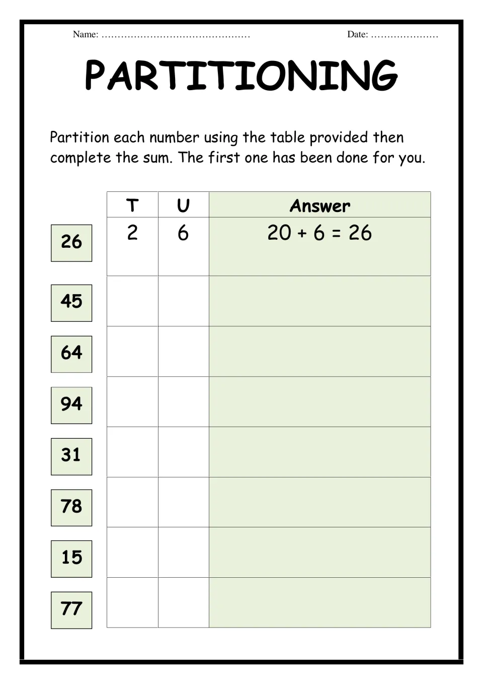 Partitioning 2-digit numbers: students split 45, 64, 94 and more into tens and units, then write sums like 20 + 6 = 26