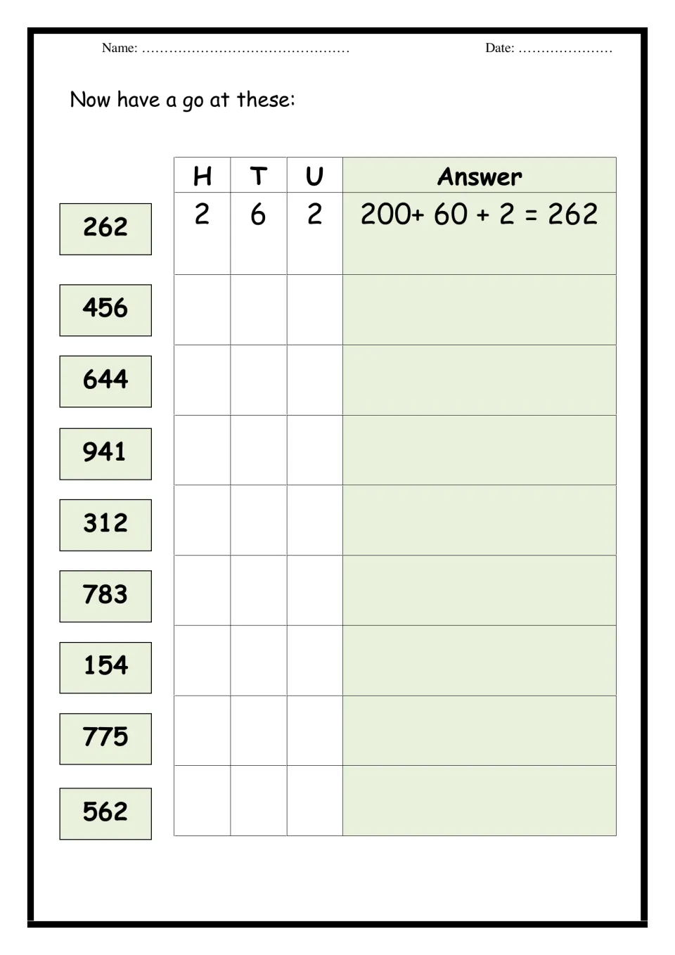 Partitioning 3-digit numbers: students split 456, 644, 941 and more into hundreds, tens and units, then write the sum
