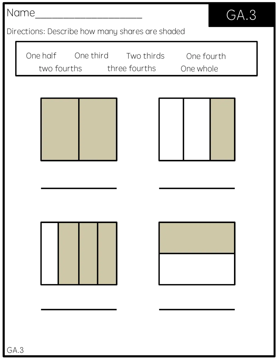 Partitioning shapes: students use a word bank to name the shaded shares of 4 rectangles in halves, thirds and fourths