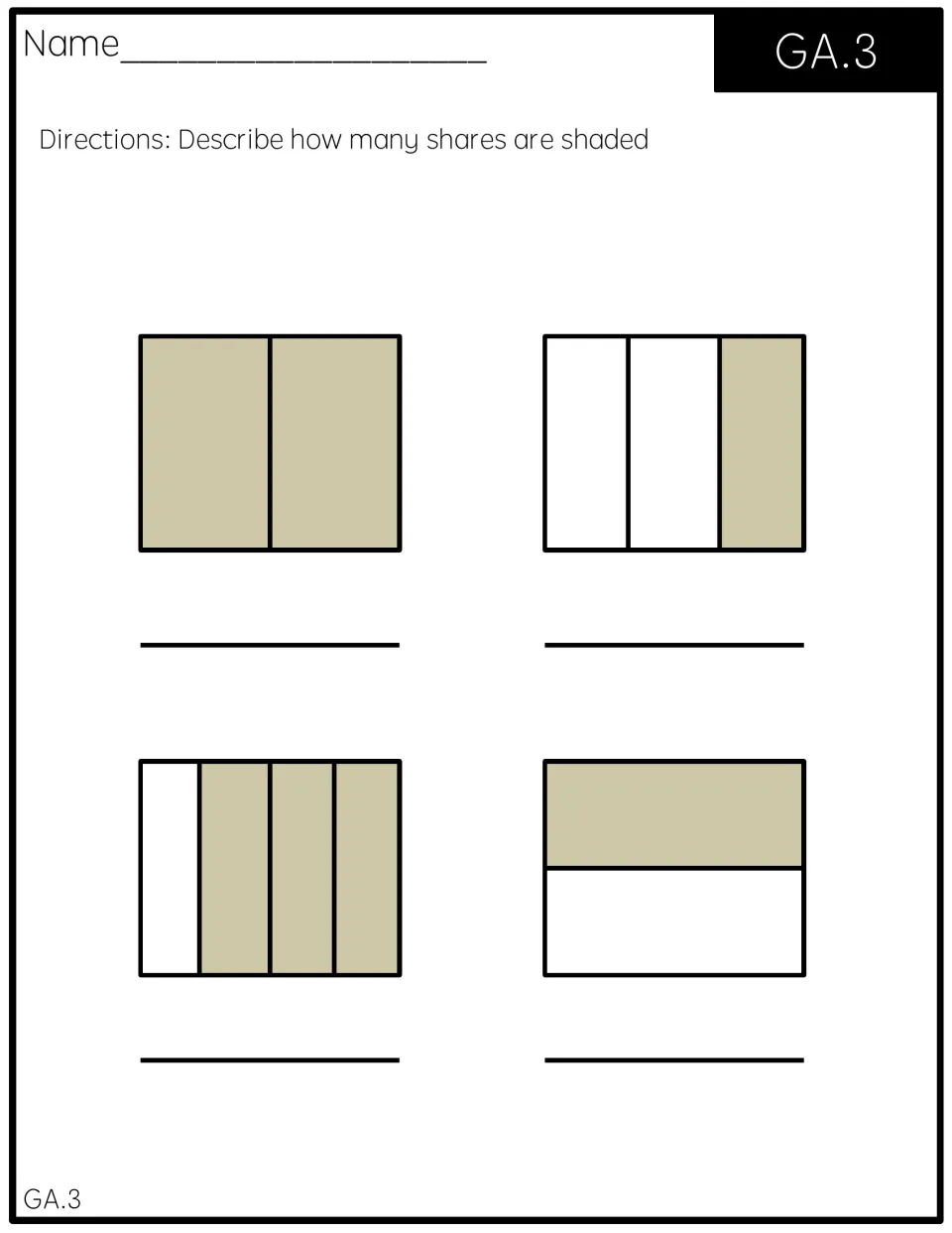 Partitioning quick check: describe shaded shares in four rectangles showing 2/2, 1/3, 3/4, and 1/2.