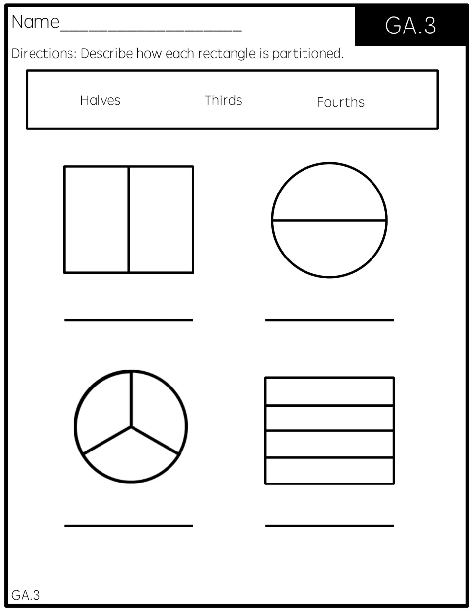 Partitioning shapes: students label 2 rectangles and 2 circles as split into halves, thirds or fourths using a word bank
