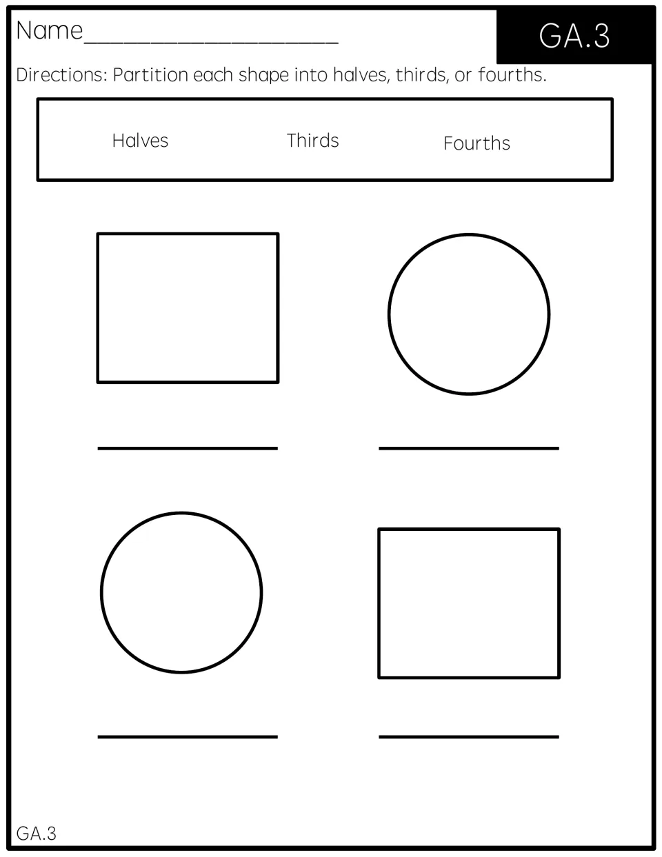Partitioning shapes: students split two rectangles and two circles into halves, thirds or fourths and label each