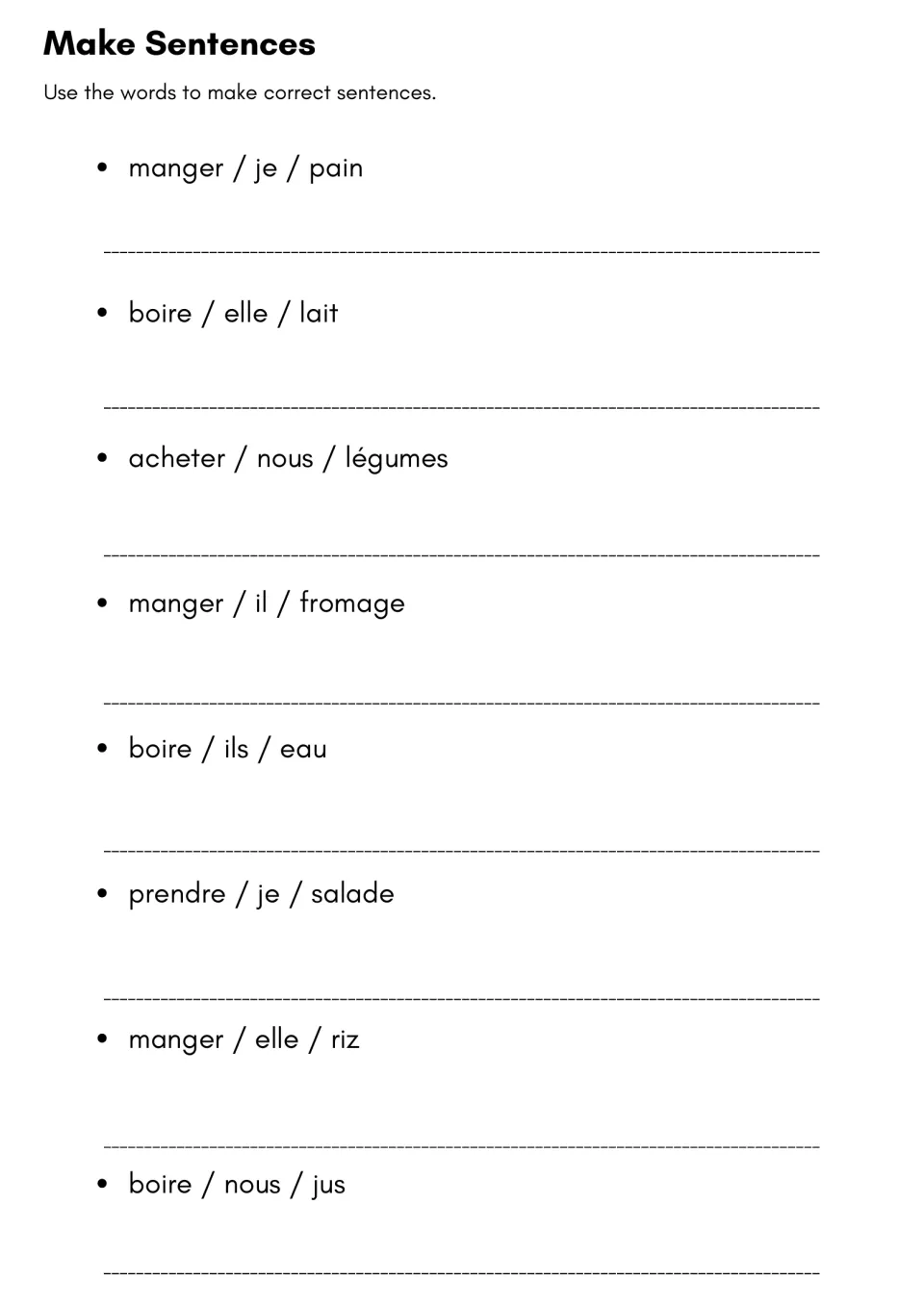 Make sentences: students turn 8 word prompts such as manger / je / pain into French sentences using a partitive article