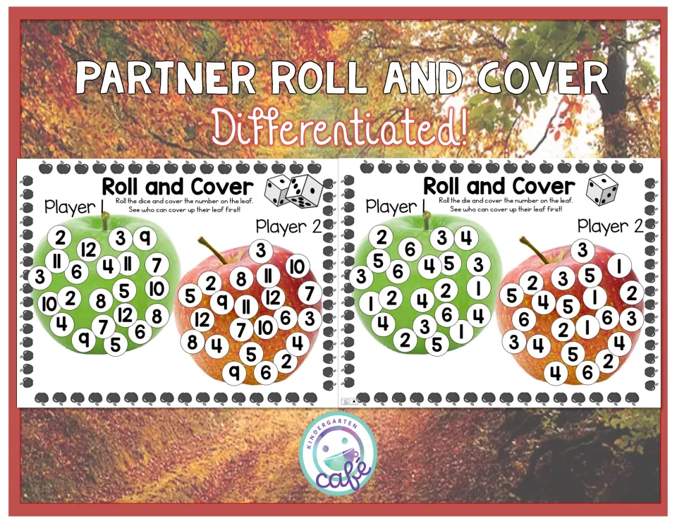Partner Roll and Cover Differentiated cover: two apple game boards, one for two dice with 2-12 and one for one die with 1-6