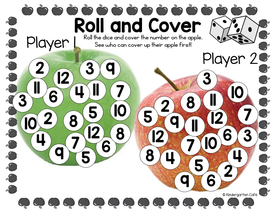 Two-dice apple game: Players 1 and 2 roll, add the dice and cover sums 2 to 12 on their apple; first to cover all wins