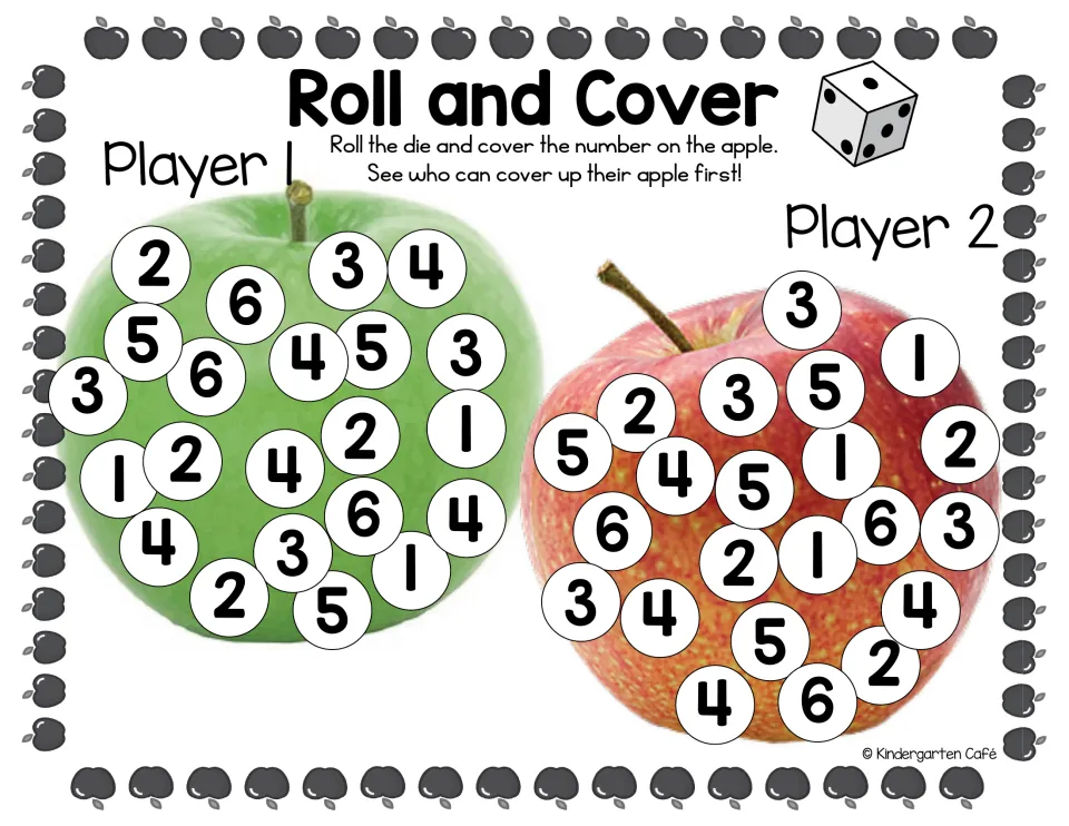 One-die apple game: Players 1 and 2 roll a die and cover the matching number 1 to 6 on their apple; first to cover all wins