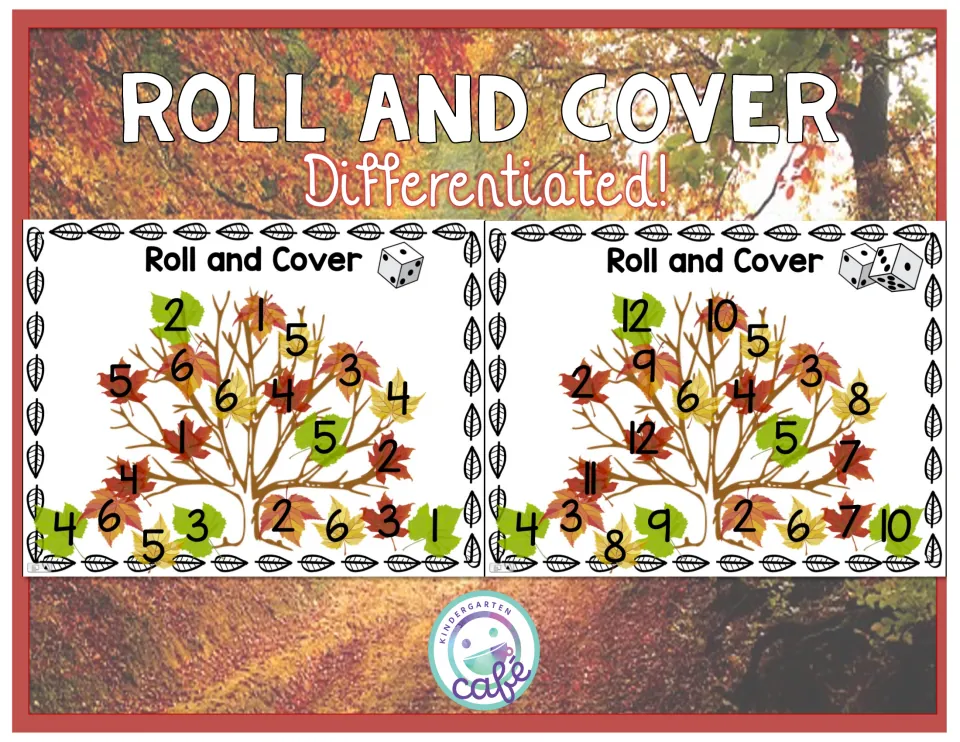 Roll and Cover Differentiated cover showing two autumn tree game boards: one-die board with 1-6, two-dice board with 2-12