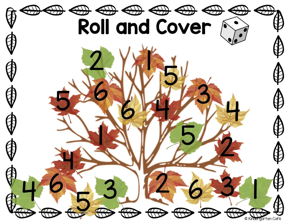 One-die Roll and Cover: partners roll, find the number 1 to 6 on an autumn tree leaf and cover it, for number recognition