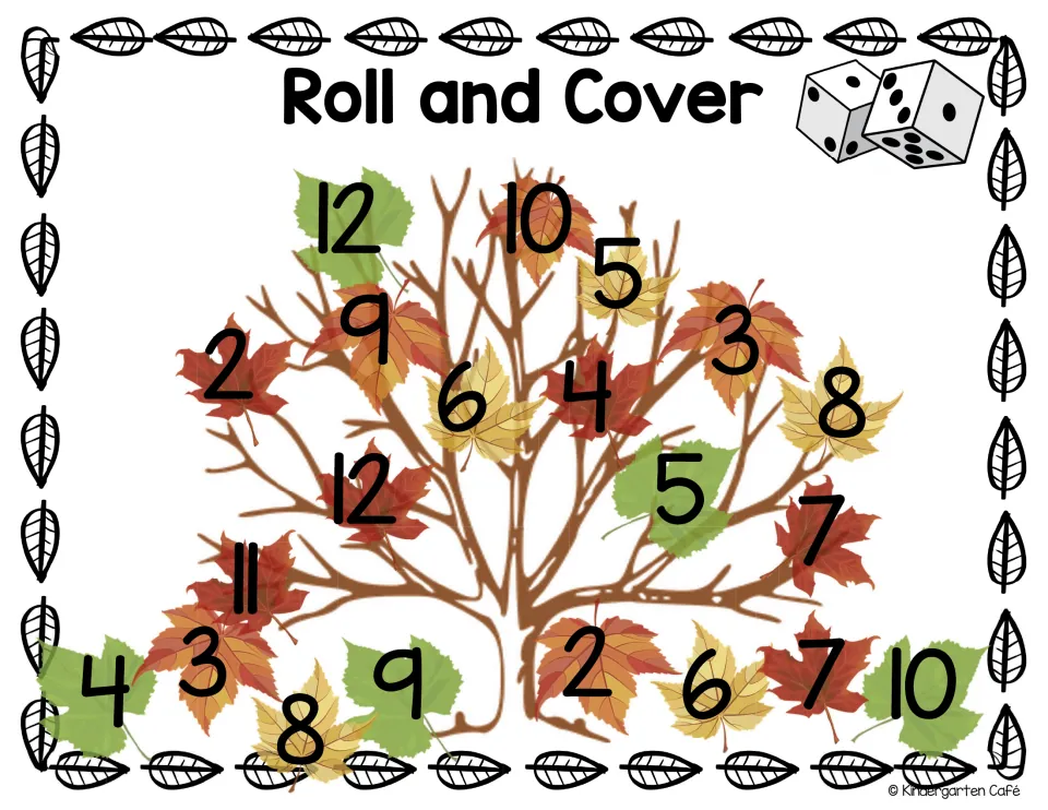 Two-dice Roll and Cover: partners roll two dice, add the dots and cover the sum from 2 to 12 on an autumn tree leaf