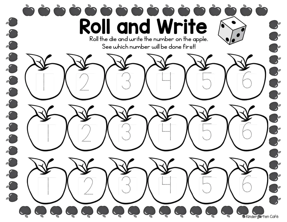 First activity board: 18 apples with traceable numbers 1–6, each repeated three times, for one-die play.