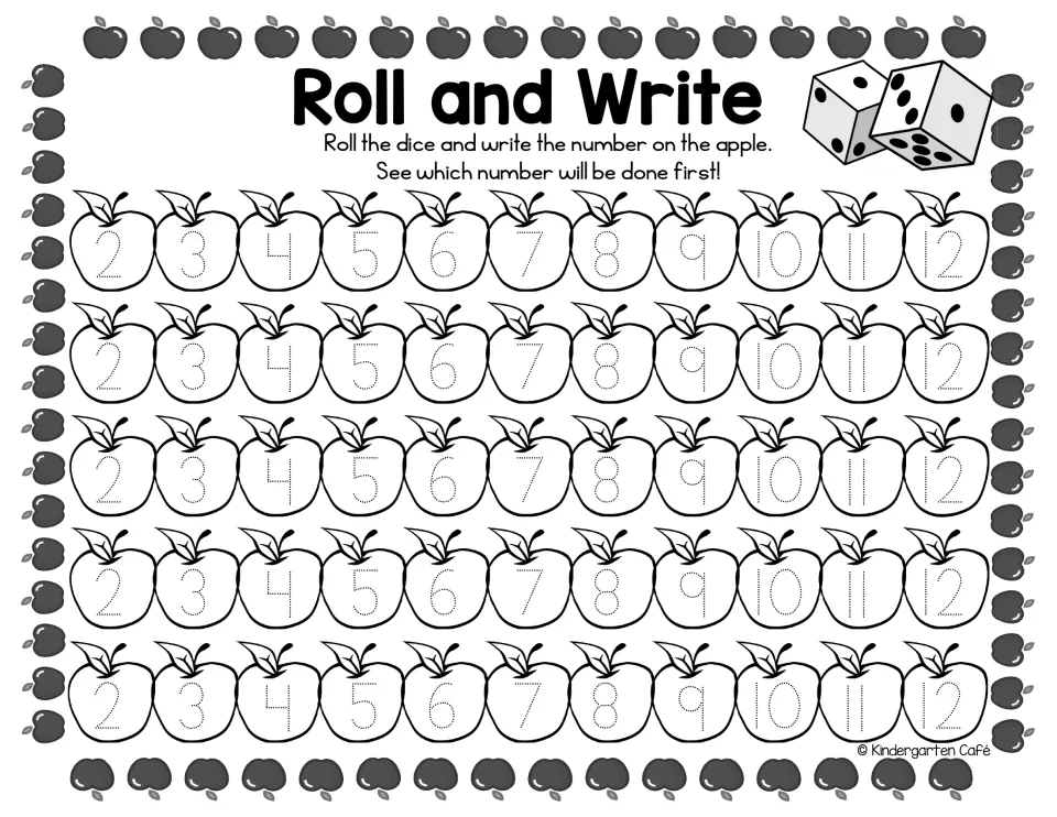 Second activity board: 55 apples with traceable numbers 2–12, each repeated five times, for two-dice play.