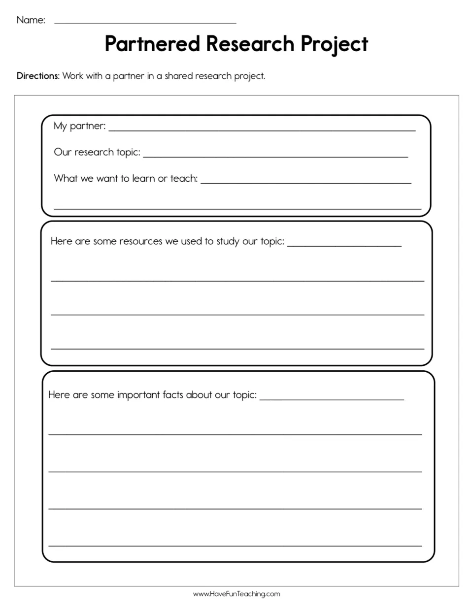 Research planning worksheet for partners to record their topic, learning goal, resources, and important facts.