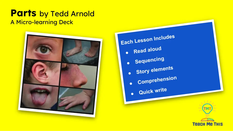 Lesson overview lists read aloud, sequencing, story elements, comprehension, and quick write activities
