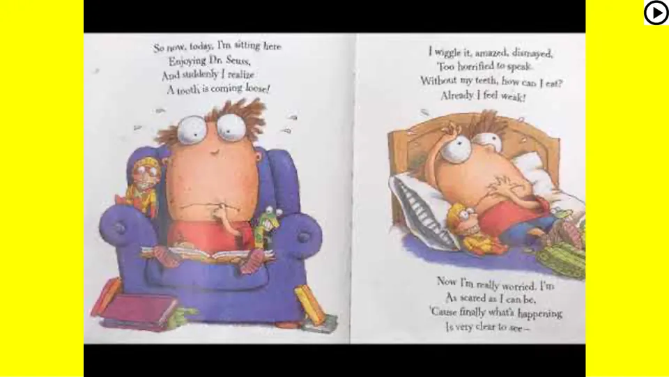 Read-aloud slide shows an illustrated book spread in which the boy discovers a loose tooth and worries