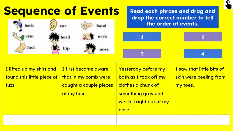 Sequence of Events activity asks students to order four excerpts about belly fuzz, hair, nose mucus, and skin