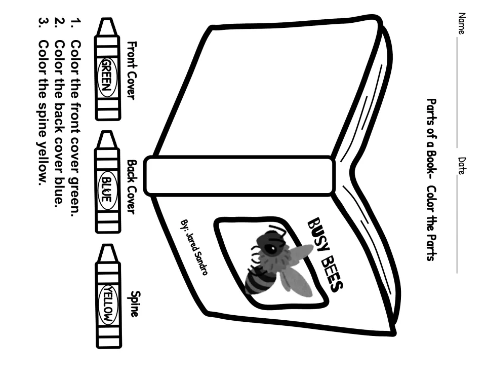 Color the Parts: students color the Busy Bees front cover green, the back cover blue and the spine yellow