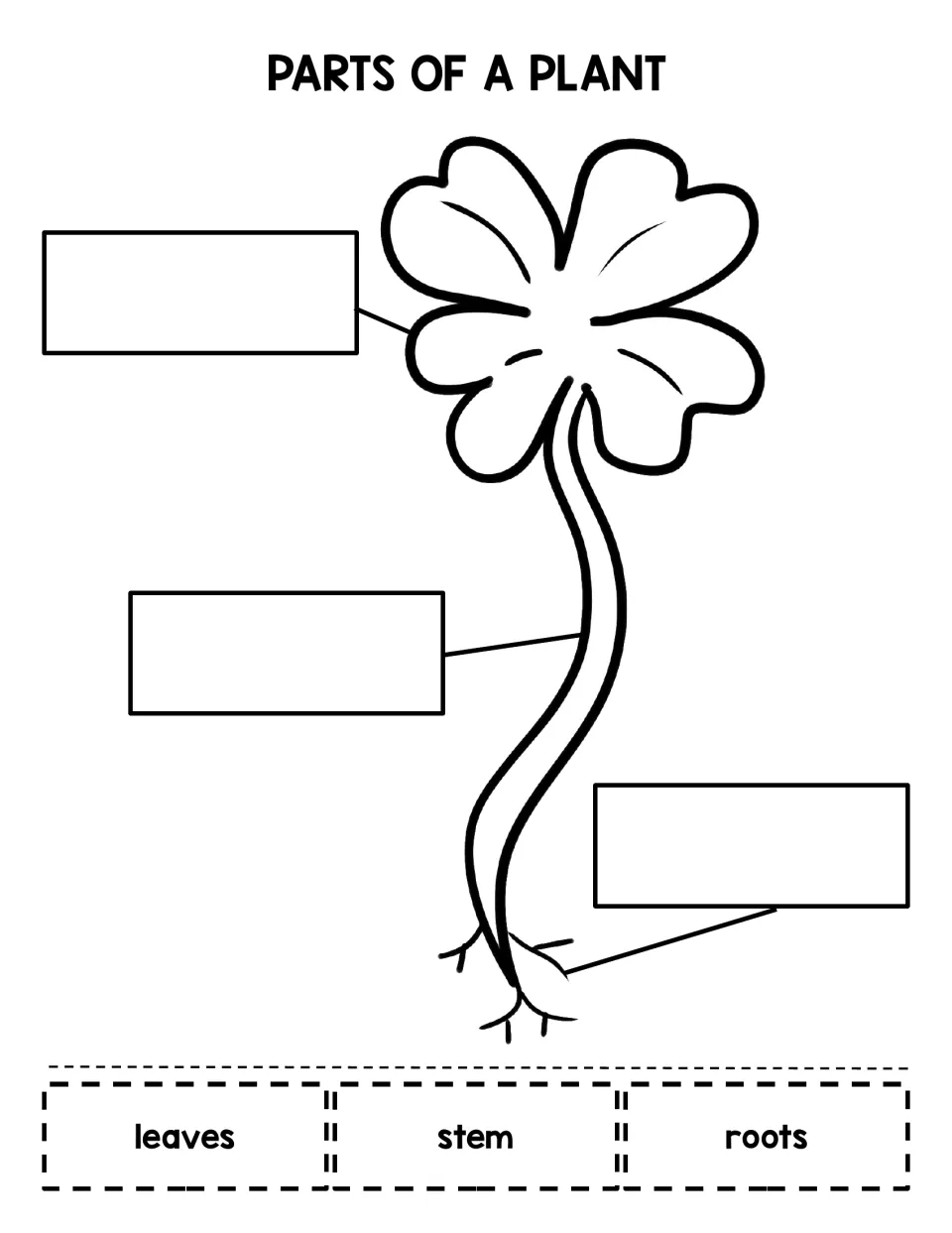 Parts of a plant cut and paste: students cut out leaves, stem and roots word cards and glue them onto a clover diagram
