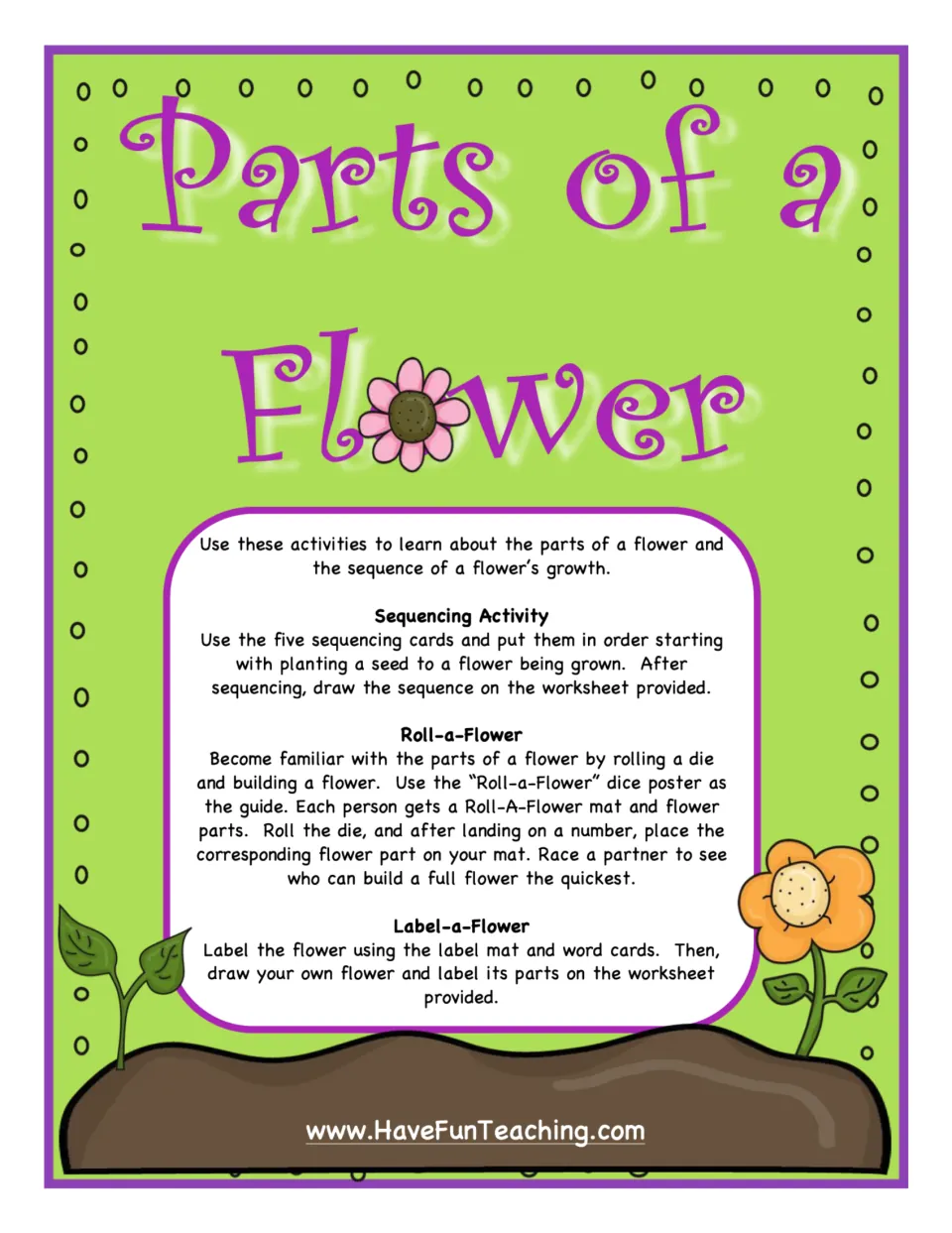 Cover and directions for sequencing flower growth, playing Roll-a-Flower, and labeling flower parts