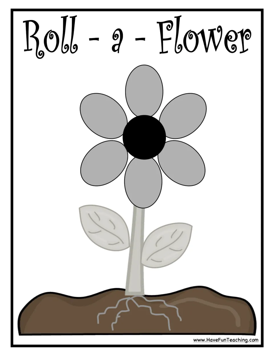 Roll-a-Flower game mat shows a flower template with six petals, two leaves, a stem, and roots for placing pieces