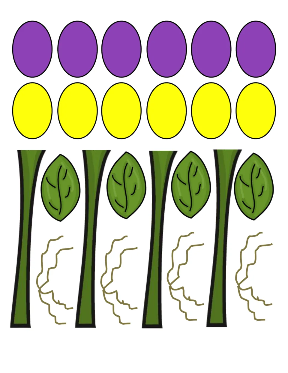 Roll-a-Flower cutouts include six purple petals, six yellow petals, four stems, four leaves, and four root pieces
