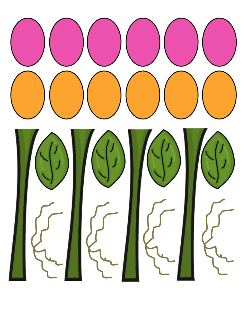 Roll-a-Flower cutouts include six pink petals, six orange petals, four stems, four leaves, and four root pieces