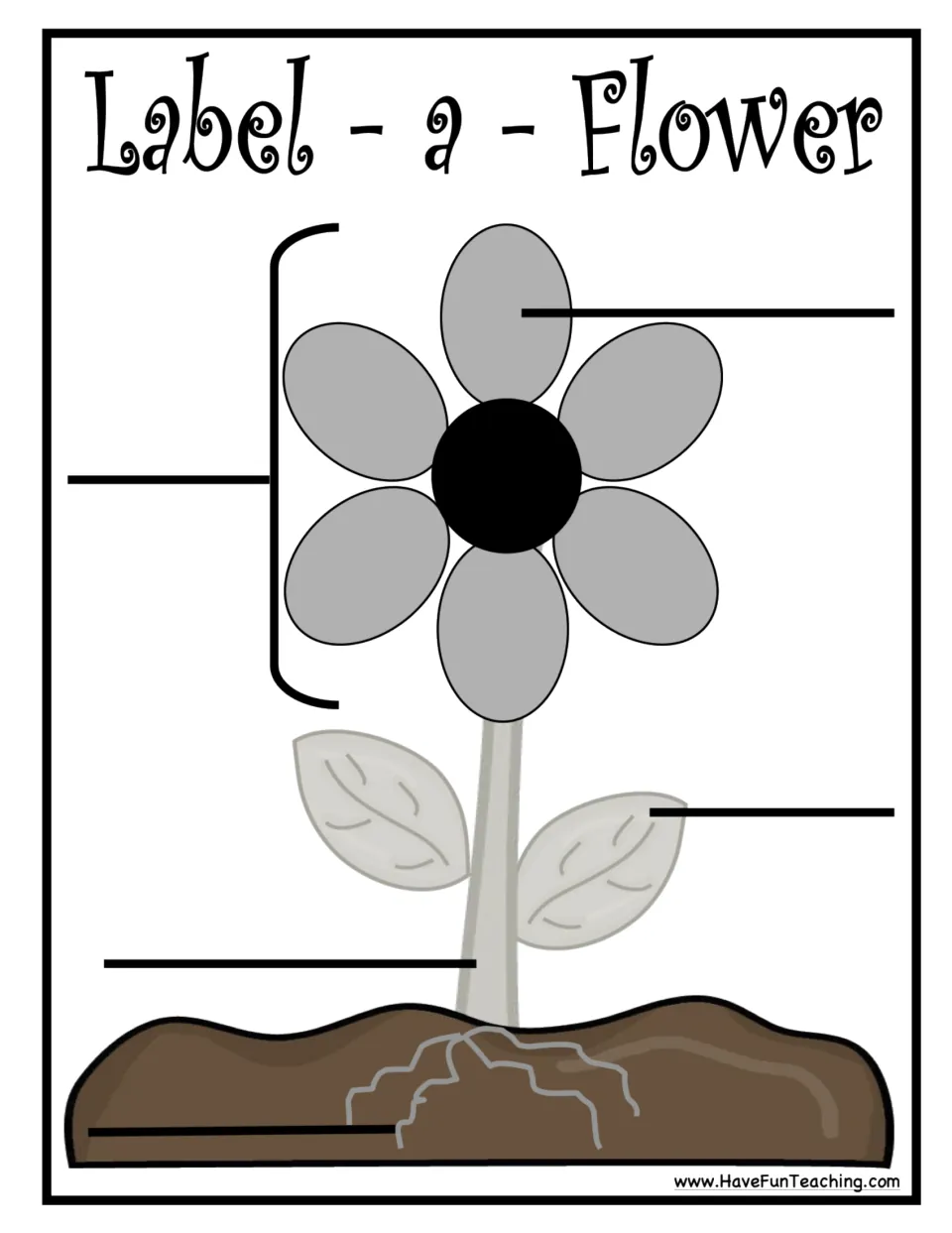 Label-a-Flower mat asks students to identify the flower, petal, leaf, stem, and roots using word cards