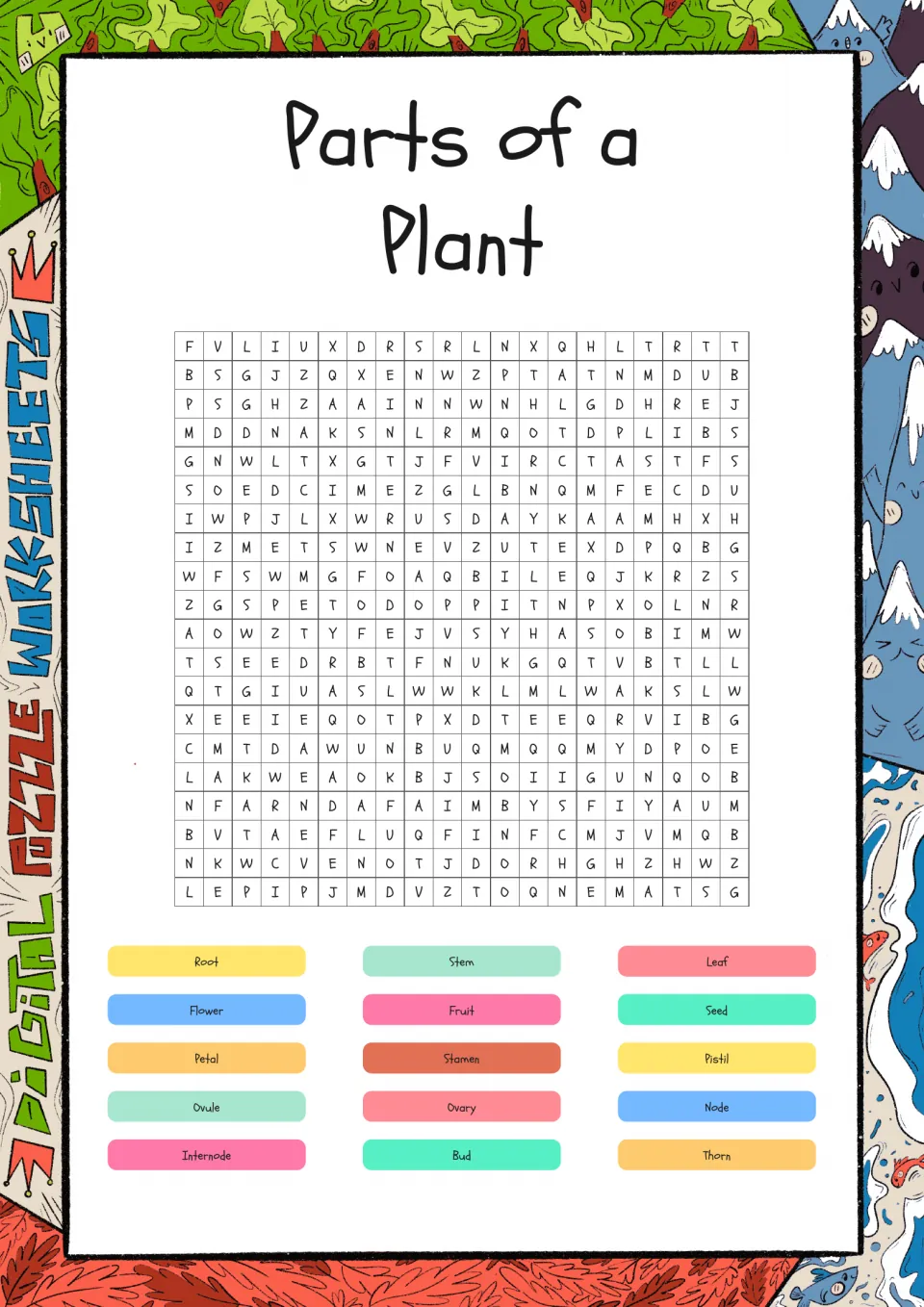 Plant parts word search featuring 15 terms, including root, stem, leaf, flower, fruit, seed, and petal.