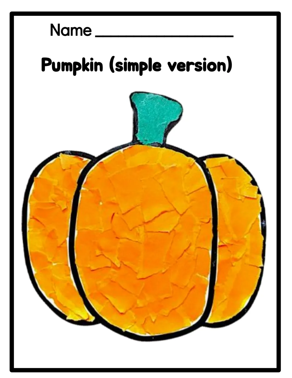 Finished example of the simple pumpkin collage: torn orange paper fills the body and green paper fills the stem