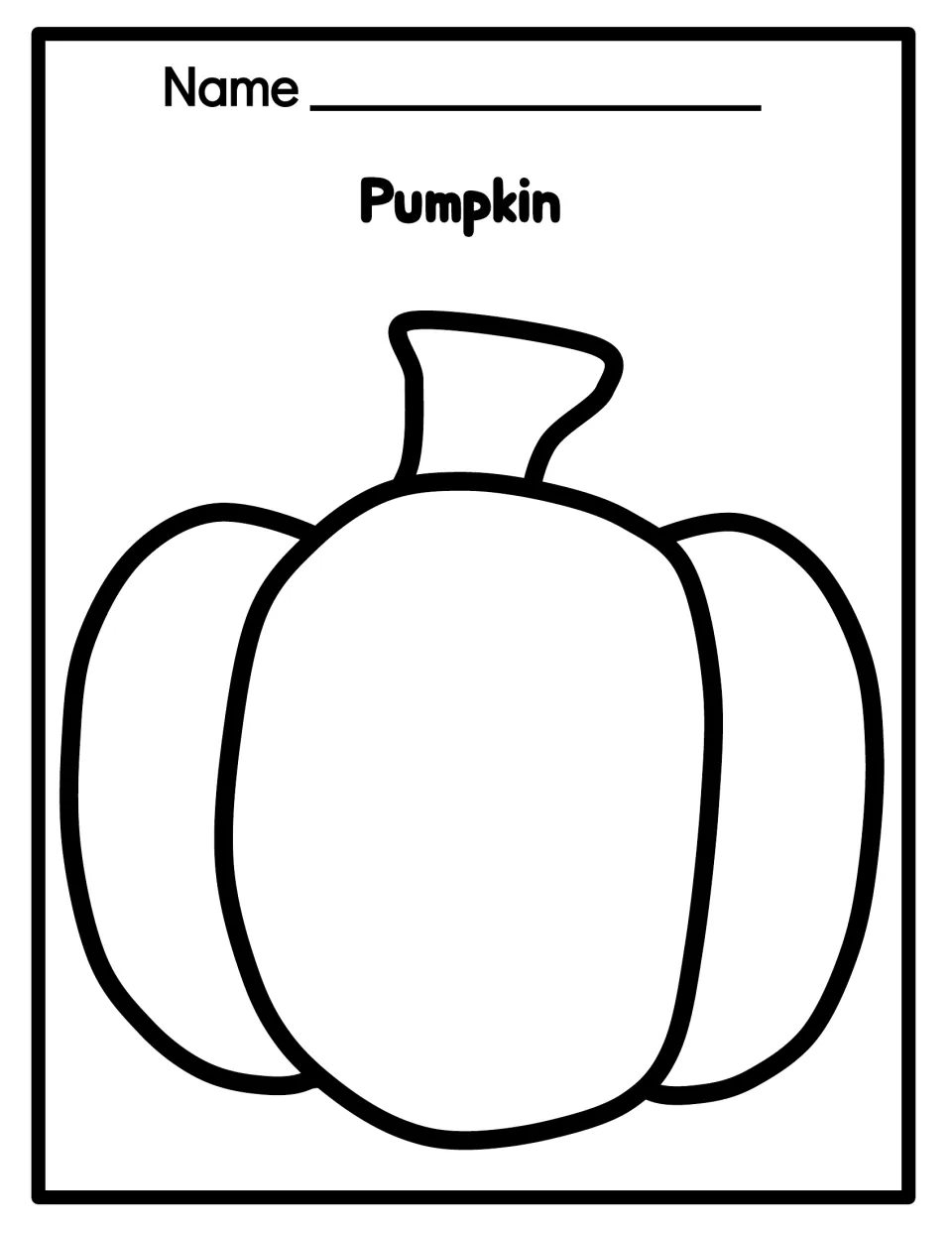 Blank pumpkin outline with a name line: a simple three-section pumpkin and stem to color or fill with torn-paper collage