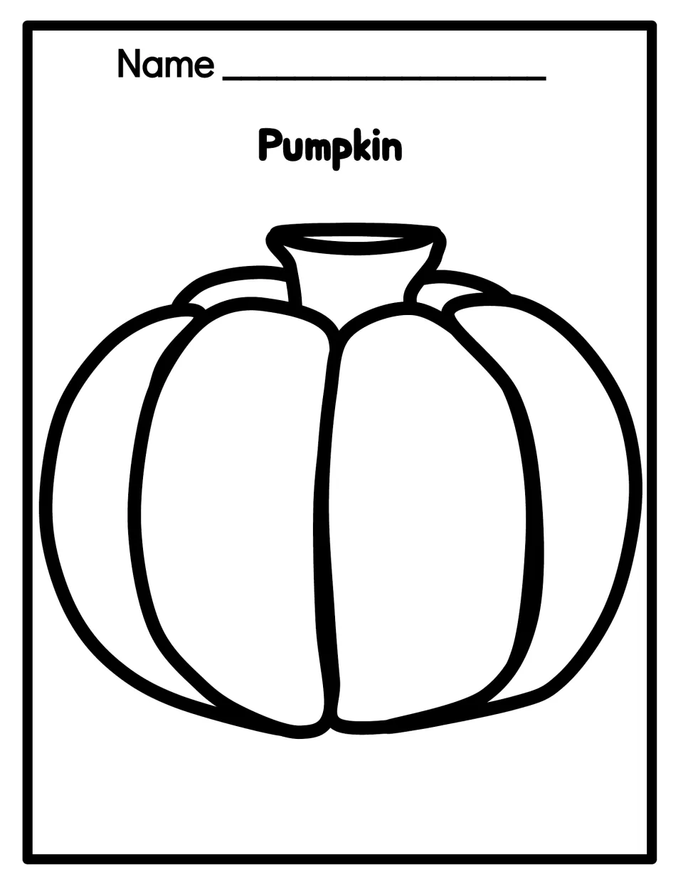 Detailed pumpkin outline headed Pumpkin with a name line: a ribbed pumpkin and open stem for coloring, painting or collage