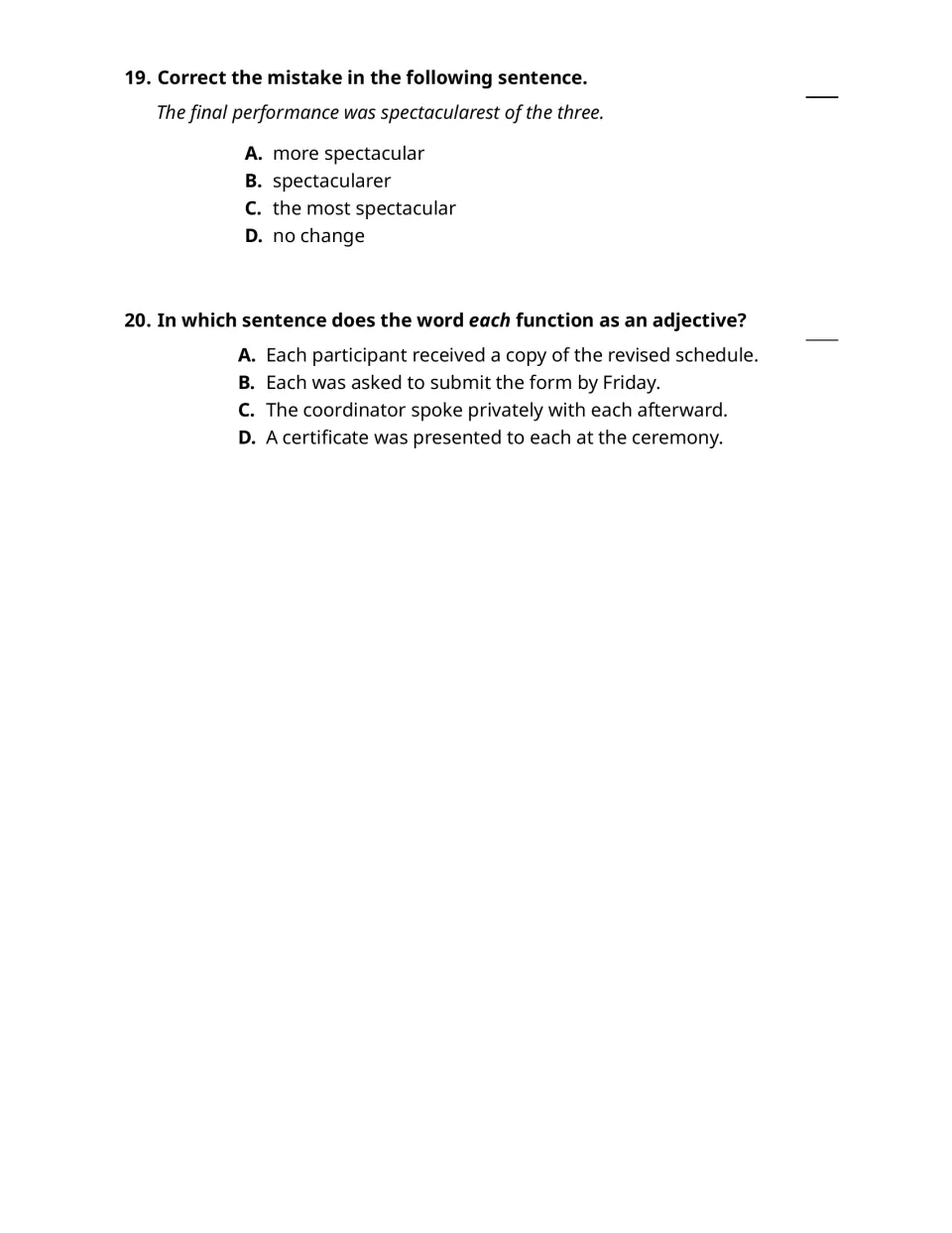 Adjective questions 19–20: correcting spectacularest and identifying each as an adjective before participant