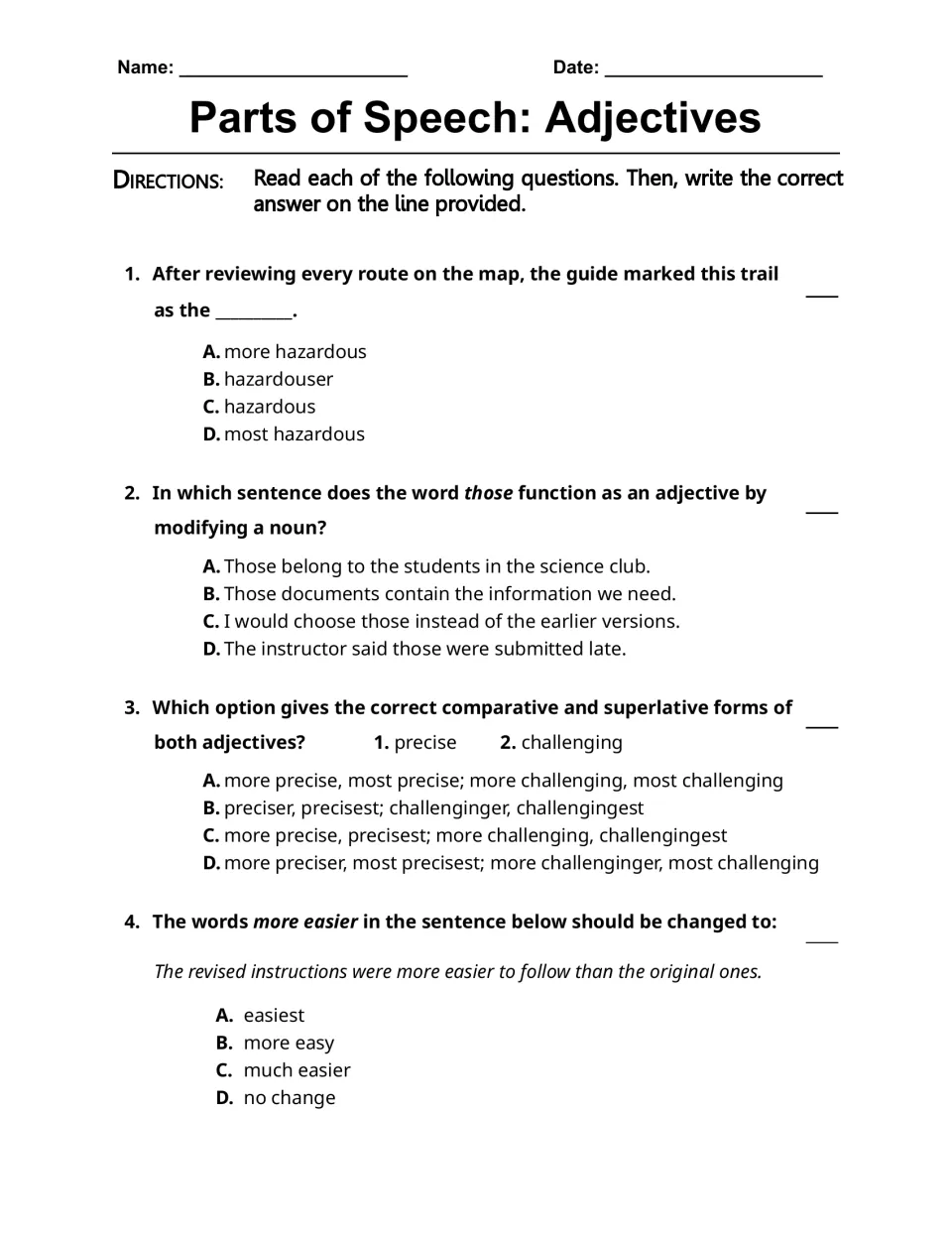 Adjective questions 1–4: most hazardous, those modifying a noun, comparison forms, and correcting more easier