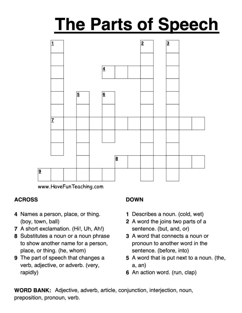 Parts of speech crossword: students read 9 clues with examples and fill in noun, verb, adverb and more from a word bank