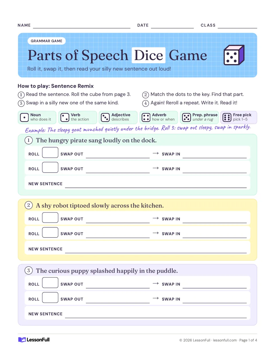 Sentence-remix game instructions and three rounds: swap parts of speech in pirate, robot, and puppy sentences.