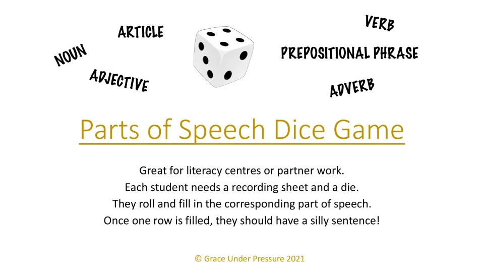 Parts of Speech Dice Game cover with how-to-play steps: roll a die, write that part of speech, build a silly sentence
