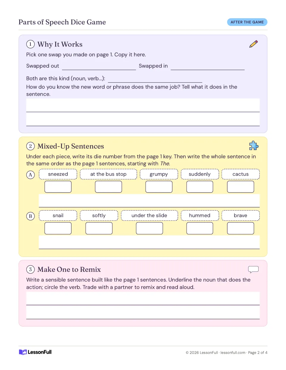 Follow-up activities: explain a word swap, unscramble cactus and snail sentences, and write a sentence to remix.