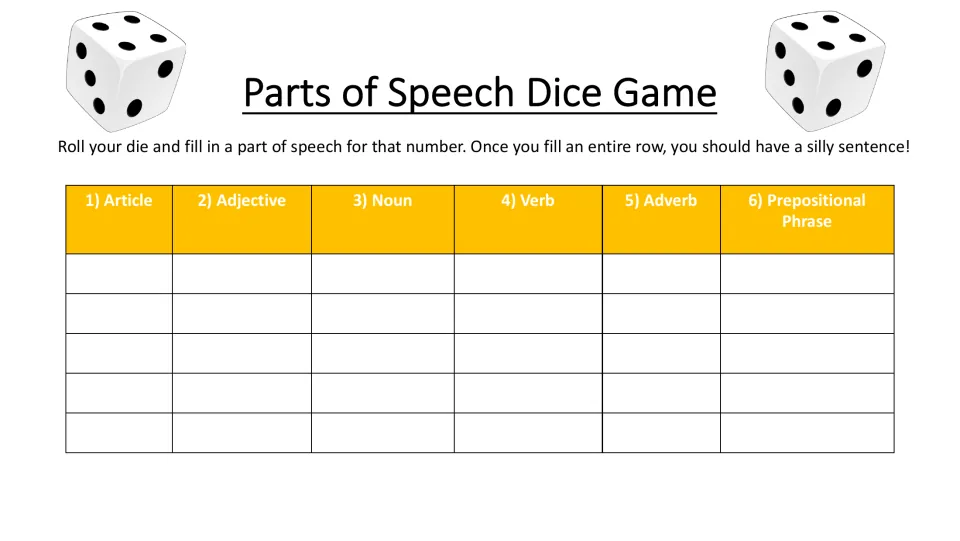 Recording sheet: students roll a die and write an article, adjective, noun, verb, adverb or prepositional phrase per row