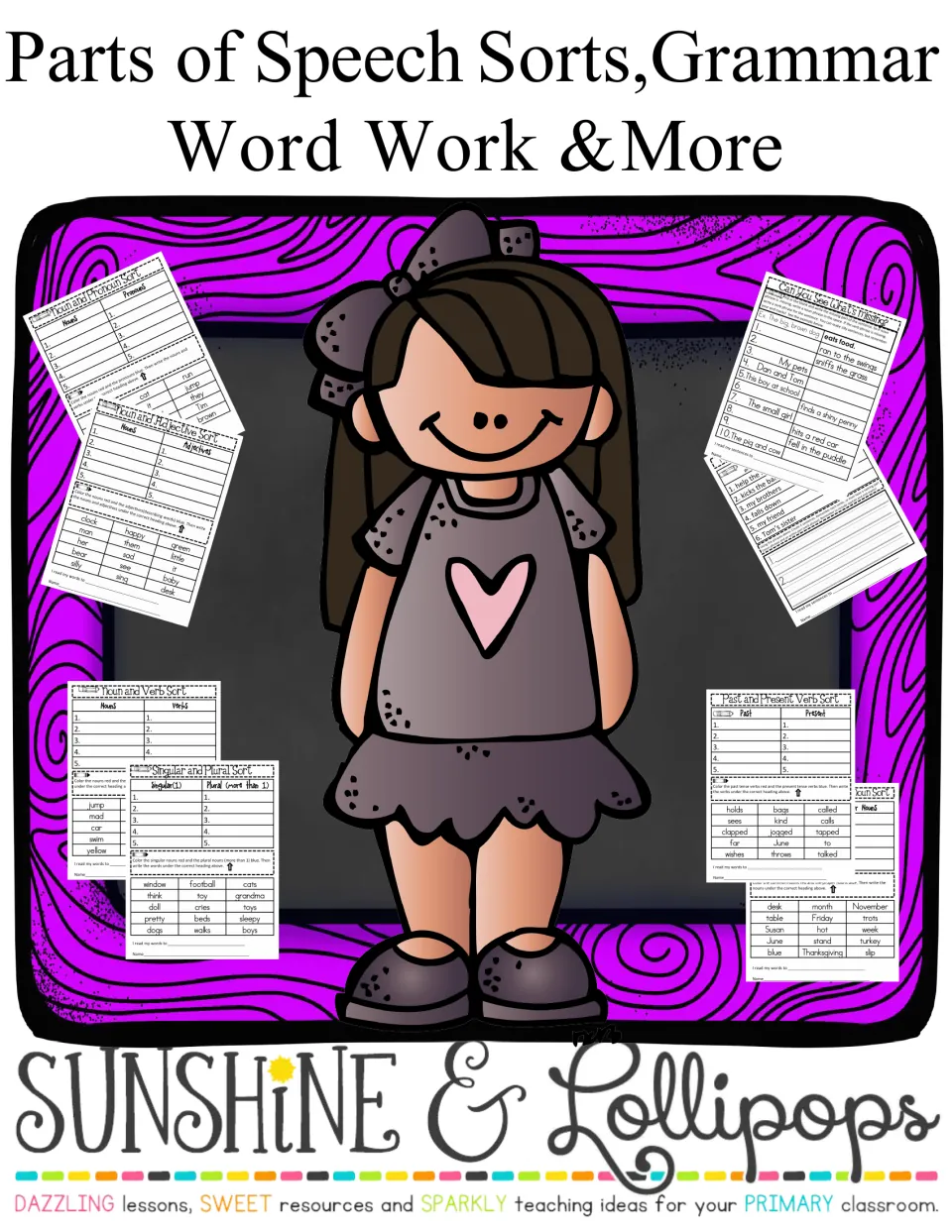 Cover for Parts of Speech Sorts, Grammar Word Work & More, showing noun, verb, adjective, plural and verb tense sorts
