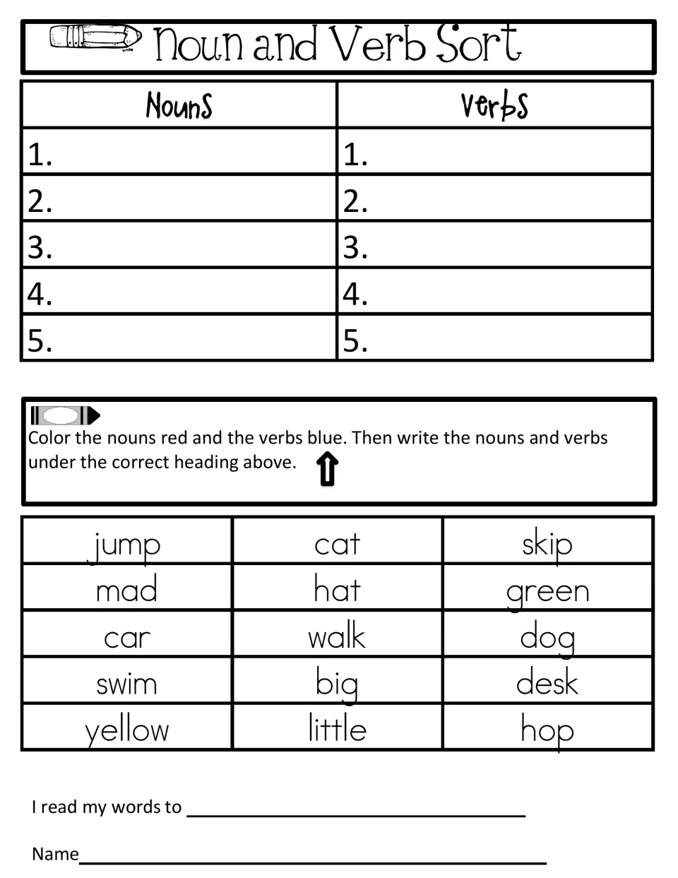 Noun and verb sort: students color nouns red and verbs blue, then list 5 of each from words like jump, cat and desk
